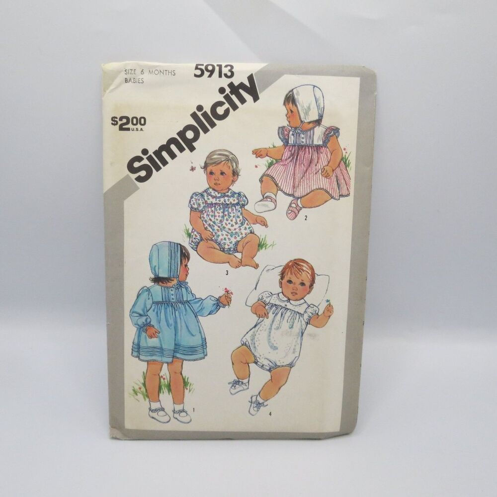 Simplicity 5913 Babies' Wardrobe Dress Romper Bonnet Newborn-18M Vintage 80s